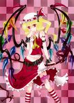  adapted_costume bare_shoulders blonde_hair chain flandre_scarlet hat highres laevatein mob_cap nail_polish navel raptor7 red_eyes red_nails side_ponytail solo striped striped_legwear thighhighs touhou wrist_cuffs 