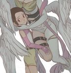  angewomon asymmetrical_clothes bare_shoulders breasts brown_eyes brown_hair cleavage digimon digimon_adventure_02 feathered_wings hug large_breasts looking_at_viewer multiple_girls season_(artist) short_hair shorts single_pantsleg size_difference thigh_strap wings yagami_hikari 