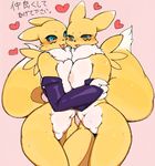  &lt;3 anthro big_breasts blush breasts breasts_squish canine digimon female fox huge_breasts kemono mammal renamon simple_background thick_thighs toco_(artist) 