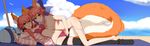  2girls absurdres animal_ears beach_umbrella bikini blush breasts brown_eyes caster_(fate/extra) cleavage dual_persona erect_nipples fang fate/extra fate_(series) fedsnk fox_ears fox_tail hair_ribbon highres long_hair looking_at_viewer lying lying_on_person medium_breasts micro_bikini midriff multiple_girls nail_polish on_back on_side open_mouth pink_hair red_bikini ribbon sideboob smile swimsuit tail umbrella wavy_mouth white_bikini 