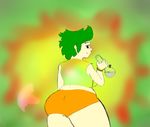  abstract_background big_butt bong butt butt_pose clothing drugs green_hair hair half-closed_eyes humanoid looking_at_viewer looking_back marijuana personification red_eyes shorts smile solo standing thedartkid thick_thighs voluptuous wide_hips 