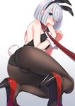  ;o alternate_costume animal_ears ass bare_shoulders black_legwear black_leotard blue_eyes blush breasts bunny_ears bunny_girl bunny_tail bunnysuit collar dog_lead eyes_visible_through_hair fake_animal_ears from_behind hair_over_one_eye hamakaze_(kantai_collection) kantai_collection kneeling kyuuso_inukami leotard looking_back medium_breasts one_eye_closed open_mouth pantyhose red_footwear restrained shoes short_hair silver_hair simple_background solo tail white_background wrist_cuffs 