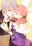  1girl :d ;) ^_^ amiko_(frostedchocolate) atelier_(series) atelier_escha_&amp;_logy braid closed_eyes couple escha_malier grey_hair hetero logix_ficsario long_hair one_eye_closed open_mouth pink_hair short_hair smile translated twintails yellow_eyes 