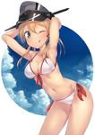  ;q alternate_costume armpits arms_behind_back arms_up bikini black_bikini black_ribbon blonde_hair blue_sky breasts cleavage cloud collarbone contrapposto cowboy_shot day front-tie_bikini front-tie_top green_eyes grey_hat hair_ribbon hat iron_cross kantai_collection low_twintails medium_breasts metindone navel one_eye_closed peaked_cap prinz_eugen_(kantai_collection) ribbon short_hair sky solo standing stomach swimsuit tongue tongue_out twintails white_bikini 