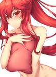 blush covering covering_breasts elesis_(elsword) elsword fi-san highres long_hair looking_at_viewer nude pillow red_eyes red_hair solo transparent_background 
