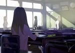  analog_clock artist_name bag brown_hair chalkboard classroom clock desk from_behind highres indoors koyanagi_nanoka loundraw mata_onaji_yume_wo_miteita multiple_girls purple_shirt school_bag school_desk shirt shoulder_bag signature sitting skirt solo_focus standing sunlight window window_shade 