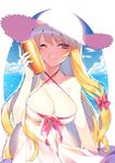  ;d alternate_costume bare_shoulders blonde_hair blue_sky bow breasts can cleavage cloud day dress front-tie_top hair_bow hat highres large_breasts long_hair looking_at_viewer ocean one_eye_closed open_mouth purple_eyes roh_nam_kyung sky smile soda_can solo sparkle straw_hat sun_hat sundress swimsuit swimsuit_under_clothes touhou white_dress yakumo_yukari 