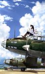  aircraft airplane black_legwear black_skirt blue_sky boots chin_rest clipboard cloud commentary_request day female_admiral_(kantai_collection) g4m hair_ribbon hat highres j2m_raiden kantai_collection long_hair long_sleeves military military_uniform mountain multiple_girls naval_uniform neko_(yanshoujie) notepad outdoors peaked_cap pen ponytail ribbon silver_hair sitting skirt sky smile thighhighs uniform yellow_eyes 