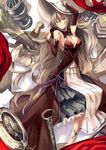  arm_up armpits bare_shoulders breasts brown_dress chess_piece chessboard cleavage detached_sleeves dress frown haik hat highres knight_(chess) large_breasts long_hair looking_at_viewer lying on_back original rook_(chess) silver_hair solo very_long_hair white_hat yellow_eyes 