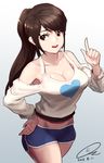  absurdres breasts brown_eyes brown_hair cleavage cowboy_shot gradient gradient_background grey_background highres long_hair medium_breasts midriff open_mouth original oz_(gerbera7) ponytail short_shorts shorts simple_background smile solo tank_top white_background 