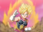  artist_name aura blonde_hair blurry dated depth_of_field dragon_ball dragon_ball_z dust earrings fighting_stance gloves green_eyes jewelry leotard monkey_tail pink_leotard seripa signature smile solo spiked_hair super_saiyan tail upper_body white_gloves zeshgolden 
