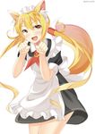  alternate_costume animal_ears apron bad_id bad_pixiv_id black_dress blonde_hair brown_eyes crescent crescent_moon_pin dress enmaided fox_ears fox_tail hair_tubes kankitsunabe_(citrus) kantai_collection long_hair maid necktie open_mouth remodel_(kantai_collection) satsuki_(kantai_collection) smile solo tail twintails twitter_username white_background 