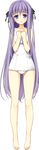  absurdres barefoot fujimori_yuu full_body highres koikishi_purely_kiss long_hair long_sleeves one-piece_swimsuit purple_eyes purple_hair school_swimsuit simple_background solo swimsuit white_background white_school_swimsuit white_swimsuit yuuki_hagure 