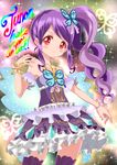  1girl absurdres bare_shoulders blush bracelet butterfly_hair_ornament character_name dress hair_ornament highres jewelry junon_(pripara) lavender_hair long_hair multicolored_hair open_mouth petticoat pretty_(series) pripara purple_hair red_eyes short_dress side_ponytail solo soraryu_saworu sparkle symbol-shaped_pupils thighhighs two-tone_hair zettai_ryouiki 