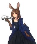  1girl animal_ears blush brown_hair bunny_ears bunny_tail commentary dress fur highres long_hair looking_at_viewer monorus monster_girl motion_lines original red_eyes simple_background smile solo tail white_background wrench 