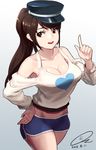  absurdres breasts brown_eyes brown_hair cleavage cowboy_shot gradient gradient_background hat highres long_hair medium_breasts midriff open_mouth original oz_(gerbera7) ponytail short_shorts shorts simple_background smile solo tank_top white_background 