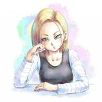  android_18 blonde_hair blue_eyes collarbone dragon_ball dragon_ball_z earrings eply eyebrows eyelashes frown head_rest jewelry makeup mascara solo upper_body 