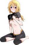  black_shirt blonde_hair blush breasts charlotte_dunois extraction groin highres infinite_stratos kneeling long_hair long_legs looking_at_viewer medium_breasts navel pilot_suit purple_eyes shirt shirt_lift smile solo transparent_background underboob 