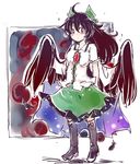  ahoge arms_behind_back black_footwear black_hair black_wings blush boots bow breasts cape green_ribbon green_skirt hair_bow hair_ribbon kenoka knee_boots long_hair looking_at_viewer medium_breasts red_eyes reiuji_utsuho ribbon short_sleeves skirt solo standing touhou wings 