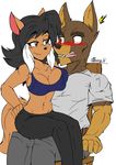  2016 akatsukishiranui-fox anthro armpits big_breasts blush breasts canine cat cleavage clothed clothing dog duo eye_contact felina_feral feline female male mammal smile swat_kats 