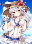  animal_ears armlet ass_visible_through_thighs bangs belt blue_ribbon blue_sky blush bracelet braid breasts cleavage closed_mouth cloud collarbone covered_nipples cowboy_shot crystal day ears_through_headwear embarrassed erune eyebrows eyebrows_visible_through_hair flower frills granblue_fantasy hair_between_eyes hair_tubes hand_on_headwear hat hat_flower hat_ribbon heles hibiscus jewelry large_breasts long_hair looking_at_viewer nipples red_flower ribbon sarong see-through side_cutout silver_hair single_braid sky solo swimsuit tateha_(marvelous_grace) very_long_hair white_swimsuit yellow_eyes 