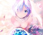  artist_name blue_eyes blue_flower blue_hair blush bouquet breasts bridal_veil bug butterfly clare_(543) cleavage closed_mouth confetti detached_collar dress elbow_gloves flower from_above gloves hair_ornament hair_over_one_eye hair_ribbon happy highres insect looking_at_viewer medium_breasts pink_ribbon re:zero_kara_hajimeru_isekai_seikatsu rem_(re:zero) ribbon see-through shade shiny shiny_skin short_hair silhouette smile solo strapless strapless_dress upper_body veil wedding_dress white_dress x_hair_ornament 