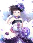  alternate_hairstyle bangs bare_shoulders black_hair blush bouquet breasts bridal_veil bride cowboy_shot dress ekita_xuan eyebrows eyebrows_visible_through_hair flower frilled_dress frills hair_flower hair_ornament hair_tucking holding holding_bouquet ichiko_(osomatsu-san) lace lace_trim light_particles long_hair looking_at_viewer makeup motion_blur osomatsu-san parted_lips petals purple_eyes purple_flower purple_rose rose side_ponytail small_breasts solo strapless strapless_dress veil wedding_dress white_background white_dress 