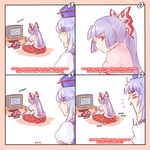  ... 2girls 4koma blush comic english flying_sweatdrops fujiwara_no_mokou game_console highres kamishirasawa_keine motion_lines multiple_girls open_mouth profanity red_eyes sitting television touhou video_game yoruny 