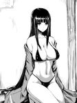  bangs bare_shoulders bikini black_bikini blunt_bangs blush breasts cleavage collarbone commentary_request greyscale hime_cut houraisan_kaguya ishimiso_(ishimura) large_breasts long_hair long_sleeves looking_at_viewer monochrome navel open_clothes sidelocks sleeves_past_wrists solo swimsuit touhou very_long_hair wide_sleeves 