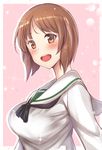  bangs blush breasts brown_eyes brown_hair commentary_request eyebrows eyebrows_visible_through_hair girls_und_panzer long_sleeves looking_at_viewer medium_breasts nishizumi_miho open_mouth sailor_collar school_uniform serafuku short_hair smile sparkle uniform untsue upper_body 