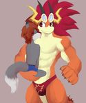  abs anthro bulge canine clothed clothing cute_fangs dragon eyes_closed eyewear front_view future_card_buddyfight goggles goggles_on_forehead horn kissing lifted mammal muscular pecs scalie signature sitting size_difference speedo standing sun_dragon_bal swimsuit tight_clothing topless whiteleo 