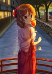  :p bag bagged_fish bow bridge brown_hair building candy_apple drill_hair festival fish food hair_bow hakama harukaze_(kantai_collection) japanese_clothes kantai_collection kimono long_hair looking_at_viewer meiji_schoolgirl_uniform nekotsuki_no_sho_no_shiwon pink_kimono red_eyes river road smile solo street summer_festival tongue tongue_out tree twin_drills water 