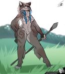  anthro bagelcollector breasts featureless_breasts featureless_crotch feline female fur mammal markings melee_weapon navel nude outside polearm smile solo spear standing tribal_markings weapon 