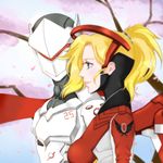  1girl alternate_color armor blonde_hair blue_eyes bodysuit breasts cherry_blossoms closed_mouth cyborg eyelashes from_side genji_(overwatch) hair_ornament hair_tie headband headgear helmet lips mask mechanical_halo medium_breasts mercy_(overwatch) overwatch petals pink_lips ponytail power_armor turtleneck upper_body veil wing_print 