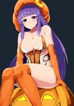  bangs bare_shoulders blunt_bangs blush breasts bustier crescent elbow_gloves feet_out_of_frame gloves halloween halloween_costume hat ishimiso_(ishimura) jack-o'-lantern large_breasts legs long_hair long_legs orange_legwear over-kneehighs patchouli_knowledge pumpkin purple_eyes purple_hair simple_background sitting solo thick_thighs thighhighs thighs touhou 