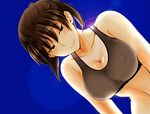  amagami bare_shoulders black_eyes black_hair blush breasts cleavage collarbone commentary_request covered_nipples large_breasts navel ponytail sasaki_akira_(ugc) short_hair smile solo sports_bra tsukahara_hibiki 