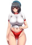 alternate_costume beret black_hair blush breasts buruma clothes_pull commentary_request cowboy_shot crop_top gym_uniform hat highleg highleg_buruma ishimiso_(ishimura) kantai_collection large_breasts looking_at_viewer midriff pulled_by_self red_buruma red_eyes shiny shiny_skin short_hair short_sleeves solo standing takao_(kantai_collection) taut_clothes white_background 