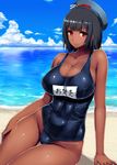  abs alternate_skin_color arm_support beach black_hair breasts cleavage cloud commentary_request covered_navel dark_skin day groin hat huge_breasts ishimiso_(ishimura) kantai_collection one-piece_swimsuit red_eyes school_swimsuit shiny short_hair sitting smile solo swimsuit takao_(kantai_collection) thigh_gap thighs 