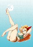  abs aqua_eyes armpits arms_behind_head arms_up ass bad_feet bangs bare_legs barefoot blonde_hair body_blush breasts cleavage closed_mouth covered_nipples crop_top curly_hair dragon_ball dragon_ball_(classic) dragon_ball_(object) eyebrows from_side frown full_body gishi green_shirt hair_between_eyes hairband halftone halftone_background highres hip_bones kneepits large_breasts leg_up legs long_hair looking_away looking_to_the_side lunch_(dragon_ball) lying midriff muscle muscular_female navel on_back outline polka_dot polka_dot_background red_hairband red_ribbon ribbon shirt short_shorts shorts sideboob solo star tank_top tsurime white_outline yellow_shorts 