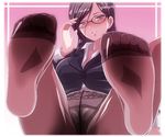  1girl adjusting_glasses blush copyright_request feet glasses highres long_hair looking_at_viewer office_lady pantyhose pov pov_feet sitting soles toes 