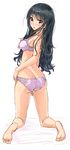  ass back bare_legs barefoot black_hair blue_eyes blush bra from_behind highres kazeno kneeling lace lace-trimmed_bra lace-trimmed_panties long_hair looking_at_viewer looking_back mole mole_under_eye open_mouth original panties purple_bra purple_panties solo underwear underwear_only wavy_hair 