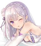  aimee_(emi) blush braid breasts downblouse emilia_(re:zero) fang flower gloves hair_flower hair_ornament hair_ribbon long_hair looking_at_viewer lying md5_mismatch medium_breasts one_eye_closed parted_lips pointy_ears purple_eyes re:zero_kara_hajimeru_isekai_seikatsu ribbon silver_hair simple_background solo tears white_background white_gloves 