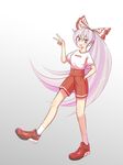  alison_(alison_air_lines) alternate_costume bare_legs bow fujiwara_no_mokou full_body hair_bow hand_in_pocket highres nike open_mouth red_eyes shoes shorts sneakers solo touhou v white_hair 