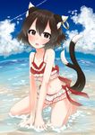  animal_ears bikini black_eyes black_hair blue_sky blush cat_ears cat_tail chen cloud cloudy_sky day egret frilled_bikini frills highres jewelry kneeling looking_at_viewer multiple_tails navel outdoors red_bikini single_earring sky solo summer swimsuit tail touhou two_tails water 