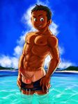  1boy abs beach copyright_request erection looking_at_viewer male_focus muscle nipples outdoors penis public sky smile solo summer tan tanline teeth testicles torte_(triggerhappy) undressing water 