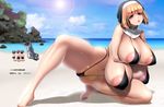  1girl 3boys areola_slip bangs beach bikini black_bikini breasts brown_hair chichi_kurage_ss child cleavage cloud collar copyright_request dated erect_nipples extra_breasts eyebrows_visible_through_hair highleg_bikini huge_breasts large_areolae lens_flare looking_at_viewer micro_bikini multiple_boys nun one_knee open_mouth outdoors pink_eyes puffy_areolae puffy_nipples short_hair sideboob sky swim_trunks text thick_thighs translation_request two-tone_hair 