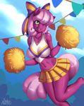  2016 absurd_res anthro anthrofied barefoot cheerilee_(mlp) cheerleader clothed clothing cloud earth_pony equine female friendship_is_magic green_eyes hair hair_bow hair_ribbon hi_res horse mammal my_little_pony navel one_eye_closed outside pom_poms pony ribbons skirt solo souladdicted 
