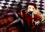  absurdres bad_id bad_pixiv_id blonde_hair blush breasts checkered checkered_floor couch drill_hair floral_print flower gothic_lolita highres ibara_azuki lolita_fashion long_hair medium_breasts original pantyhose red_eyes rose rose_print shoe_ribbon solo unmoving_pattern 