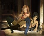  2girls areolae artist_request black_hair blonde_hair blue_eyes breasts castlevania charlotte_aulin collarbone long_hair looking_at_viewer multiple_girls navel nipples on_side pussy shanoa thighhighs 