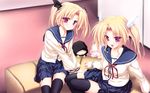  blonde_hair head_wings highres magus_tale multiple_girls nina_geminis purple_eyes rena_geminis school_uniform siblings sisters tenmaso thighhighs twintails wallpaper 